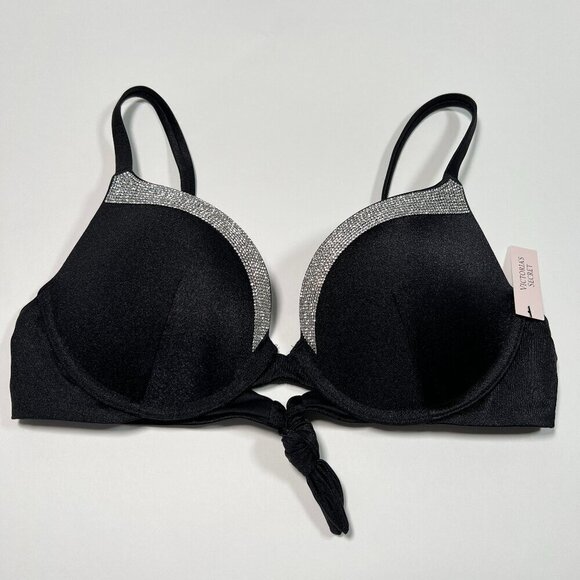 Victoria Secret 34A VERY SEXY Push Up Bikini Top Shine Trim Back Tie Black - Picture 2 of 5